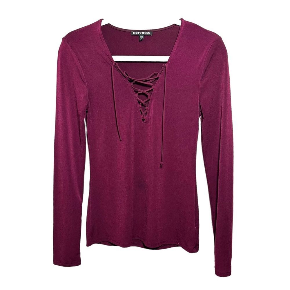 Express Womens Sz S Blouse Red Long Sleeve Lace Up Neck Stretch Top